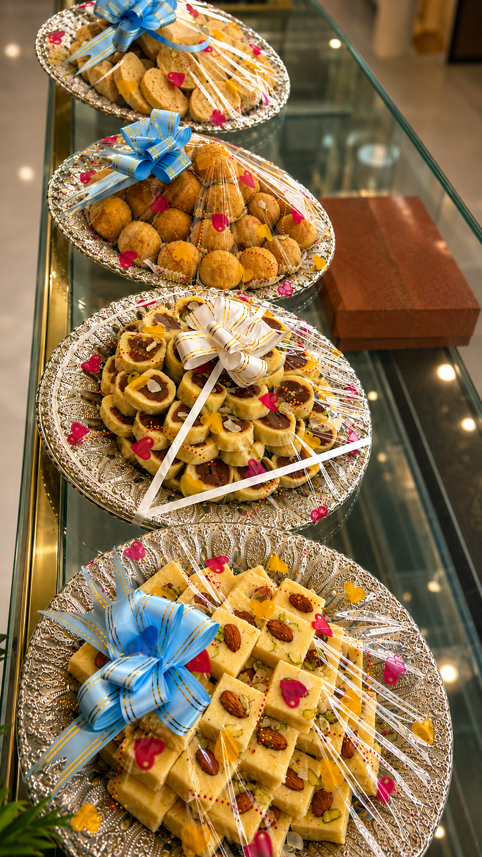 Ranisa Kamdhenu signature hamper trays — silver platters with kaju katli, cookies and burfi